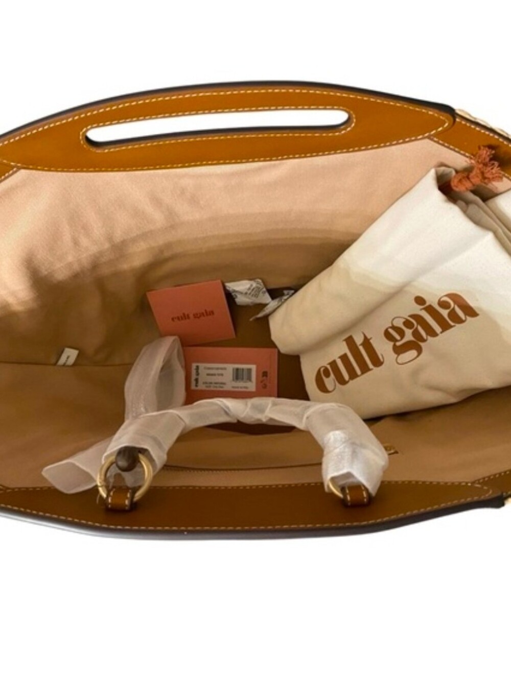 NWT Cult Gaia WANDA Woven natural beach Tote Bag with Brown Leather Trim - Picture 5 of 7